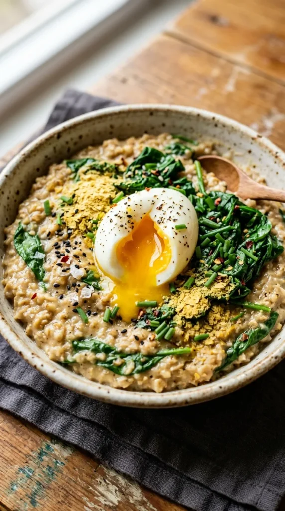 Savory Oatmeal with Egg, Spinach & Nutritional Yeast
