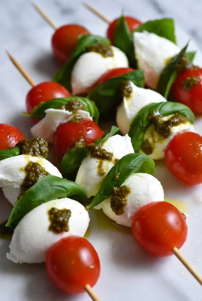 Classic Caprese Skewers with a Basil Pesto Twist