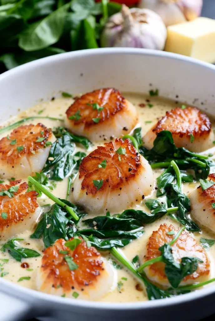 Creamy Garlic Butter Scallops with Spinach