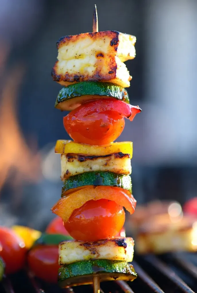 Grilled Halloumi and Veggie Skewers with BBQ Drizzle