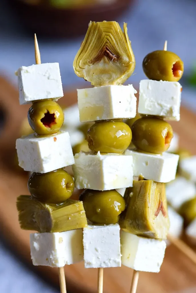Marinated Feta, Olive & Artichoke Skewers