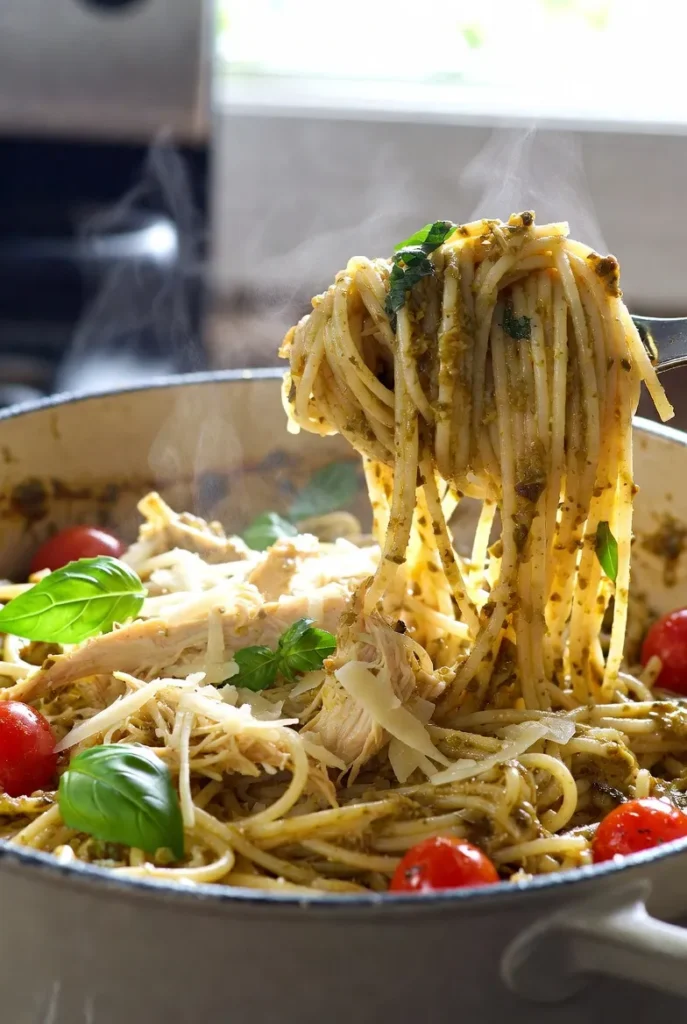 One-Pot Pesto Shredded Chicken Pasta create an image 916