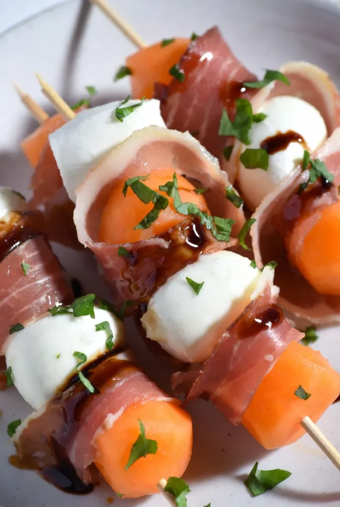 Prosciutto-Wrapped Melon & Mozzarella Skewers