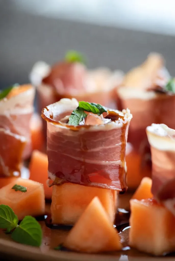 Prosciutto and Melon Bites with Balsamic Drizzle