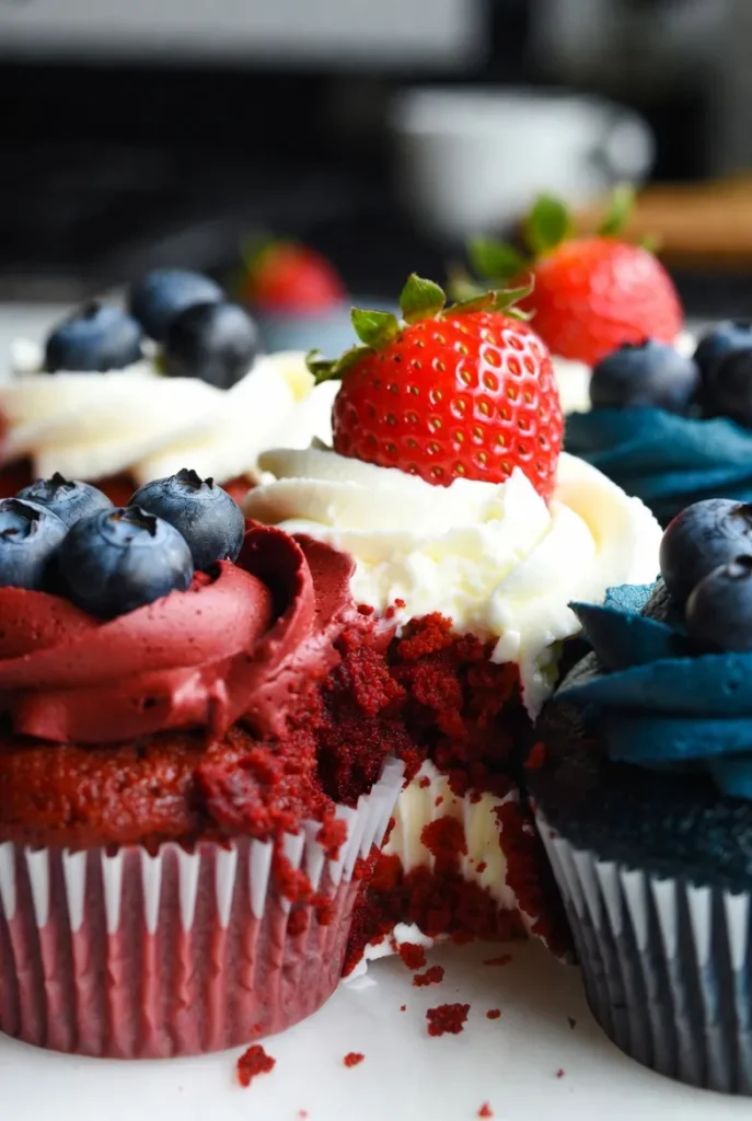 Red, White, and Blue Velvet Cupcakes (Cake Style)