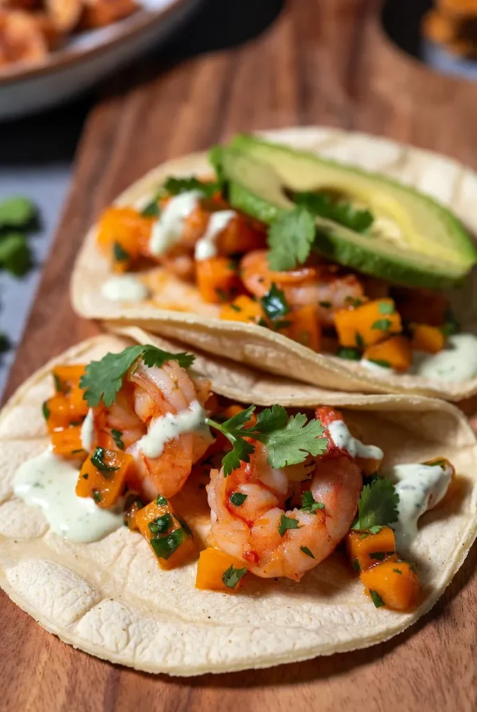 Shrimp Mango Tacos with Lime Crema
