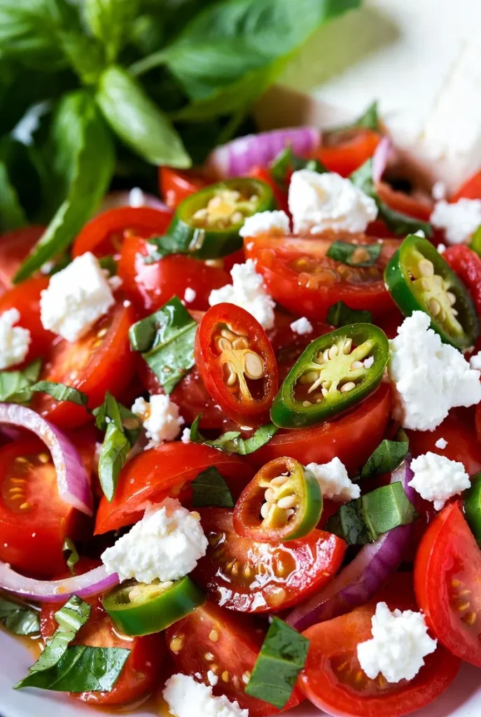 Spicy Tomato Basil Salad with Feta and Jalapeños