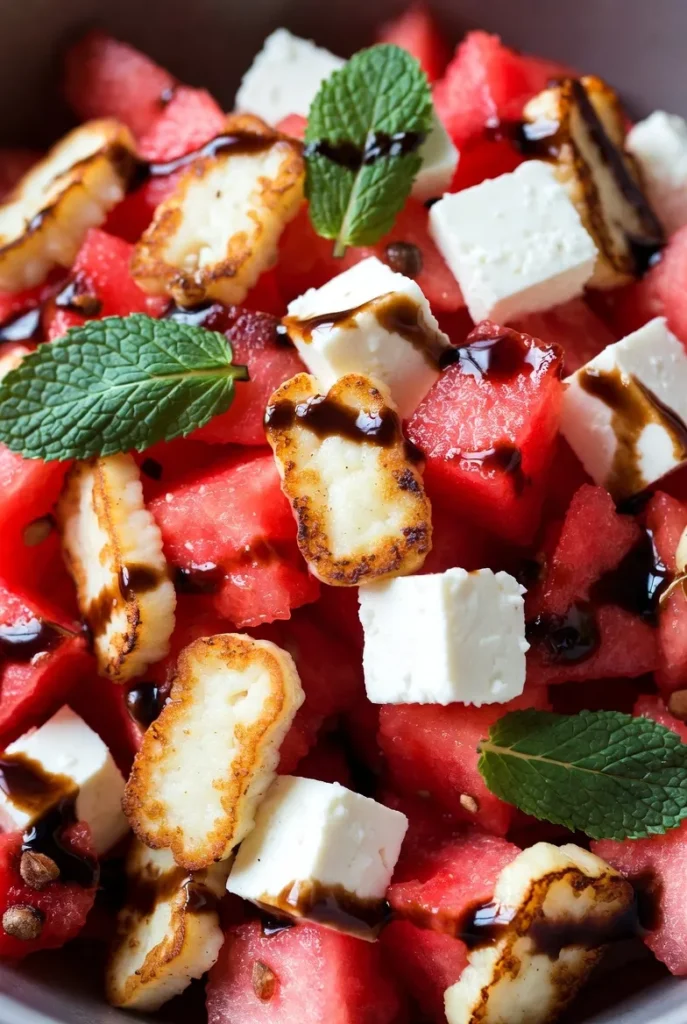 Watermelon Feta Salad with Grilled Halloumi