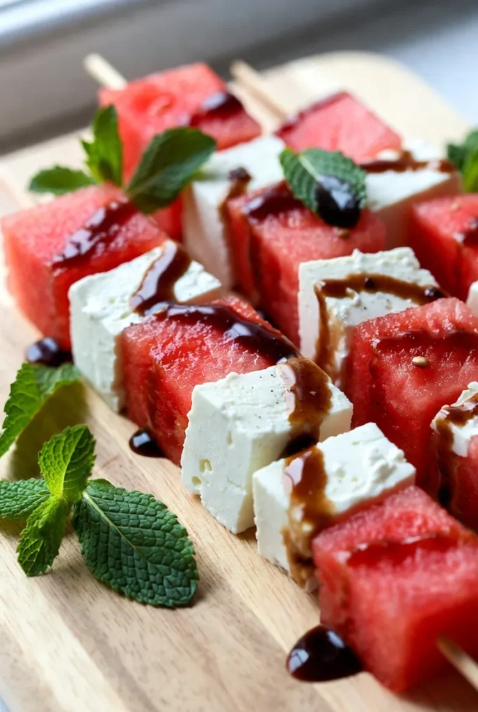 Watermelon Feta Skewers with Mint and Balsamic Glaze