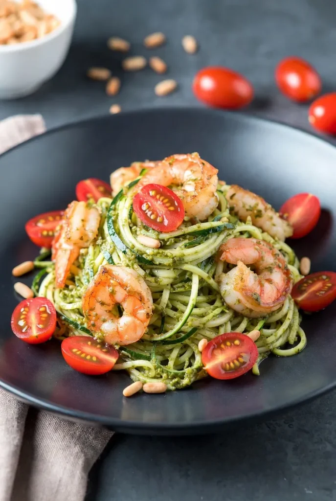 Zucchini Noodle Pesto with Grilled Shrimp