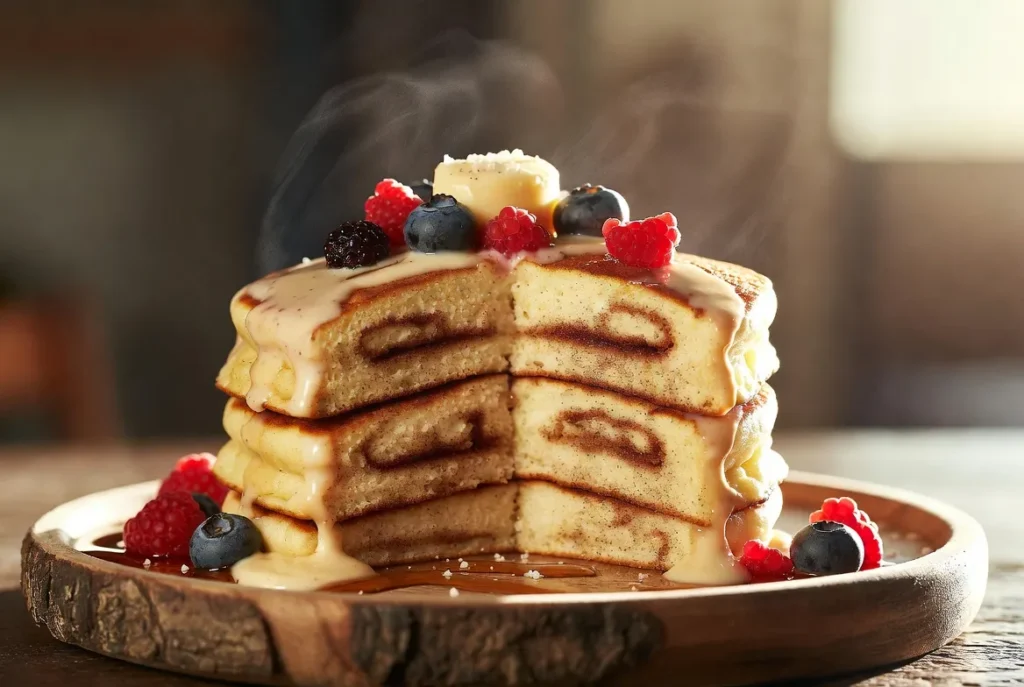 Fluffy Cinnamon Roll Pancakes with Cream Cheese Glaze