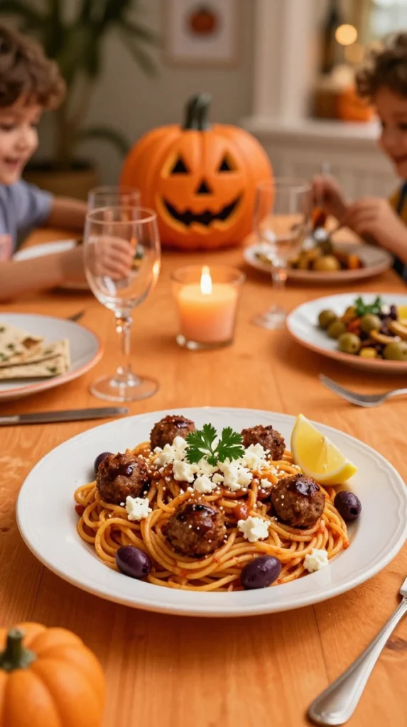 Greek Meatball Pasta with Feta and Olives