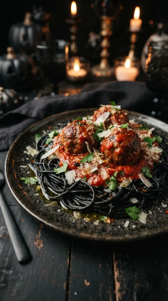 Black Spaghetti With Fiery Red Meatballs