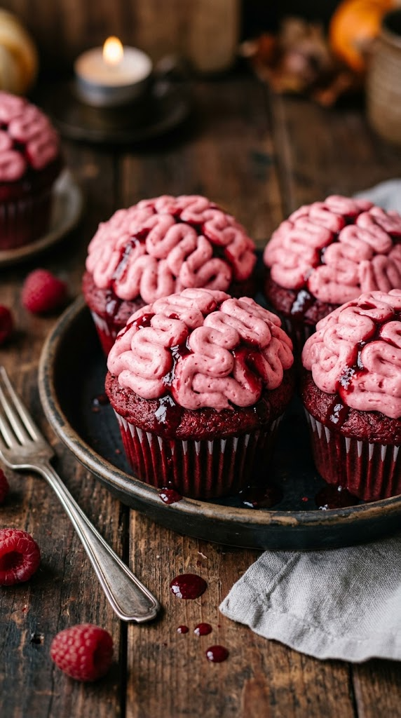Bloody Red Velvet Brain Cupcakes