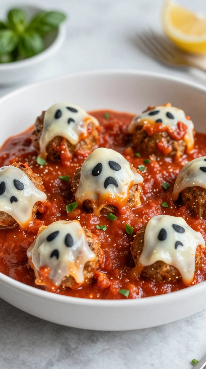 Creepy Crawly Ghost Meatballs in Marinara