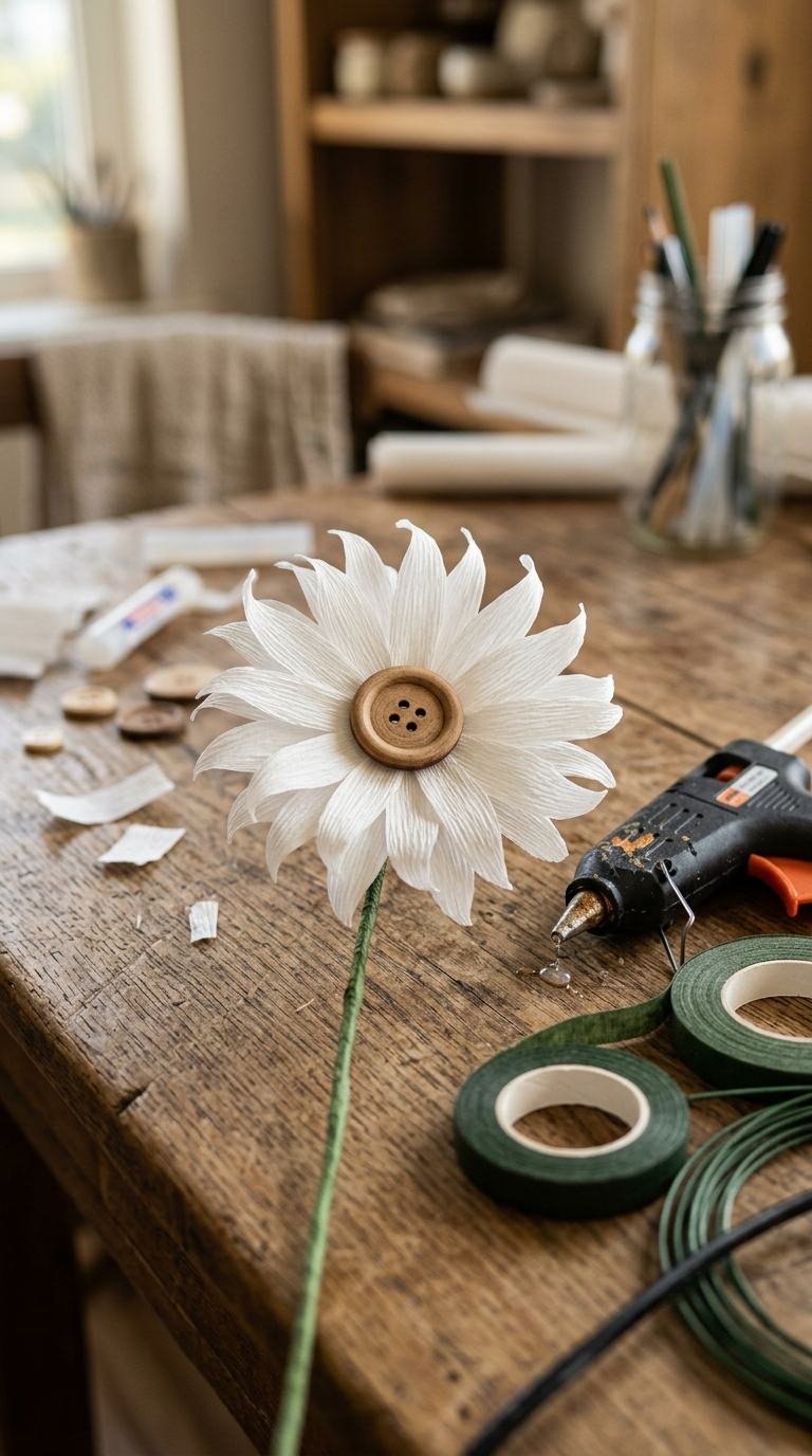Crepe Paper Daisies with Button Centers