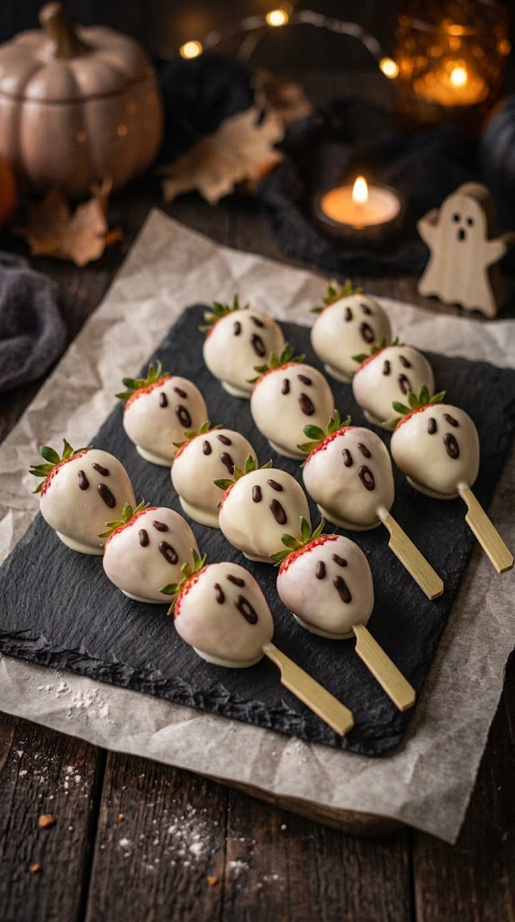 Ghostly White Chocolate Strawberry Skewers