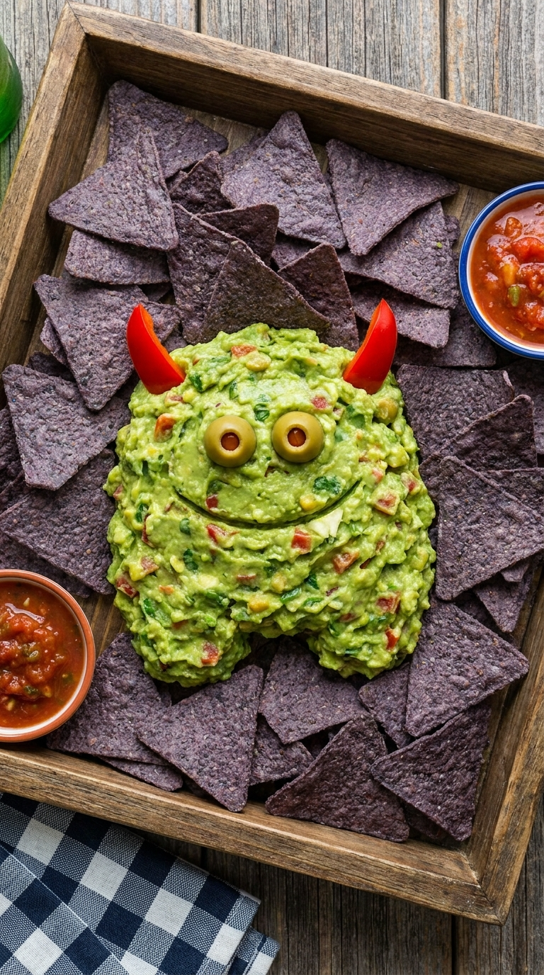 Gooey Cheesy Frankenstein Guacamole Board