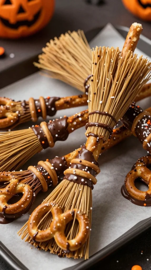 Halloween Chocolate-Covered Pretzel Brooms