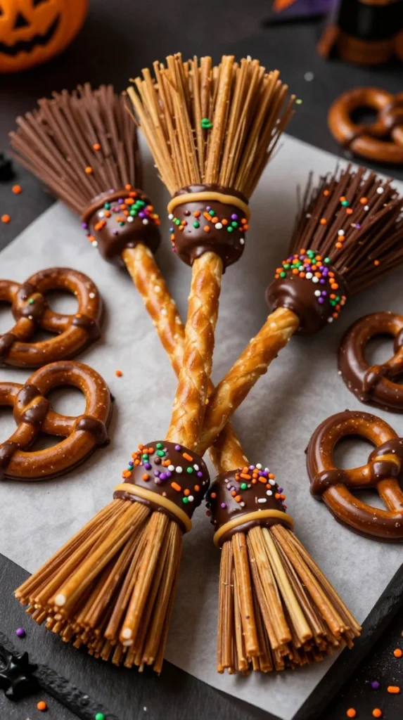 Halloween Chocolate-Dipped Pretzel Brooms