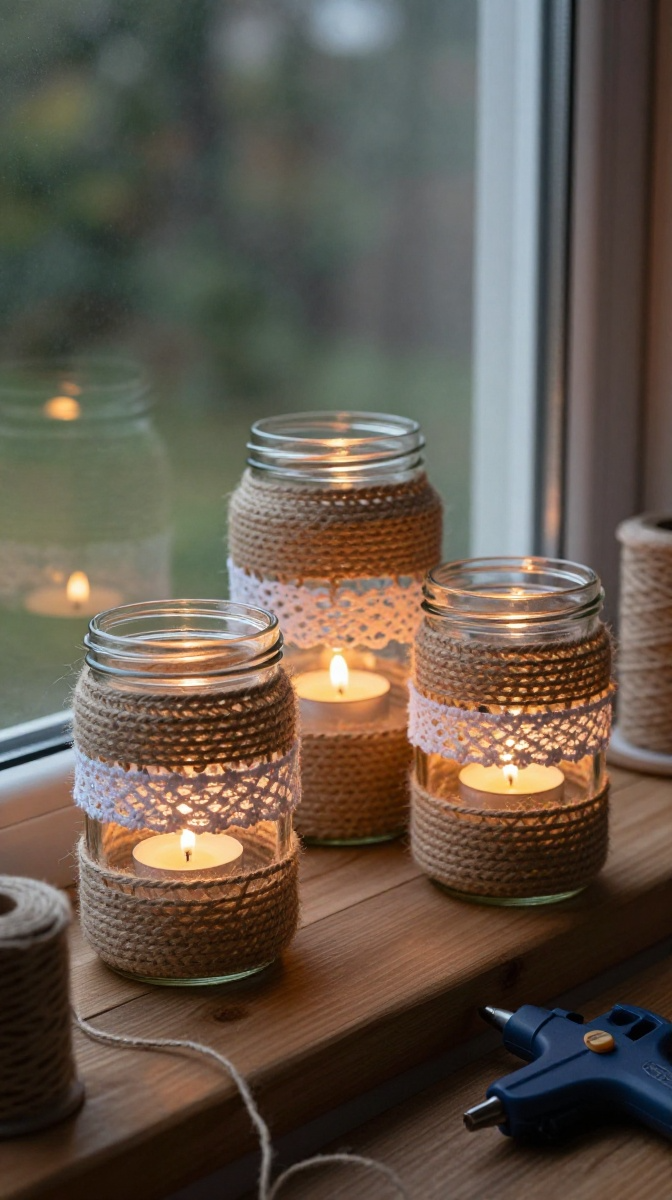 Mason Jar Candle Holders with Twine and Lace