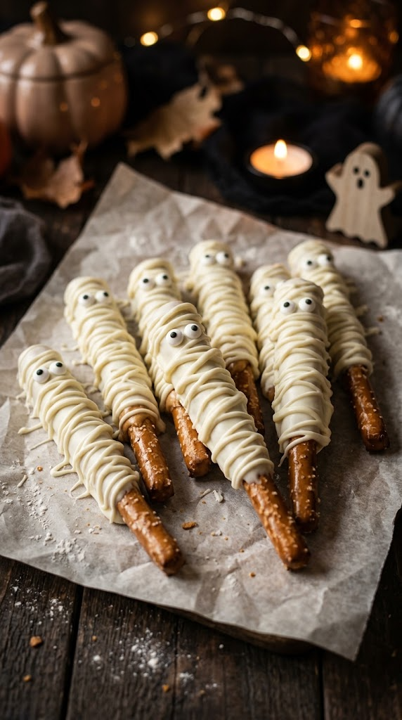 Mummy Dip Peanut Butter Pretzel Rods