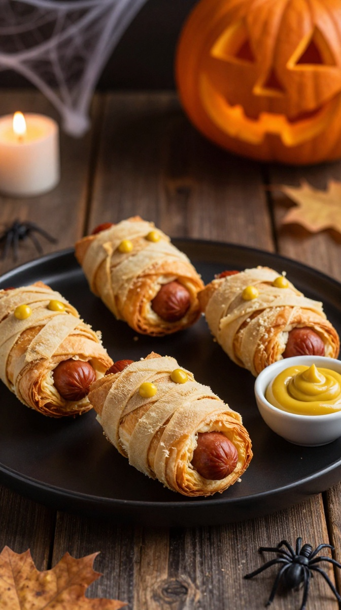 Mummy Dogs with Mustard Eyes