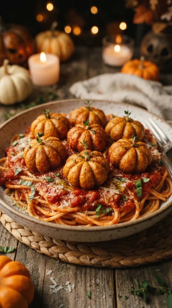Pumpkin-Shaped Meatballs With Spaghetti