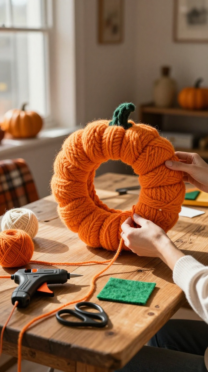 Pumpkin Yarn Wrapped Door Hanger