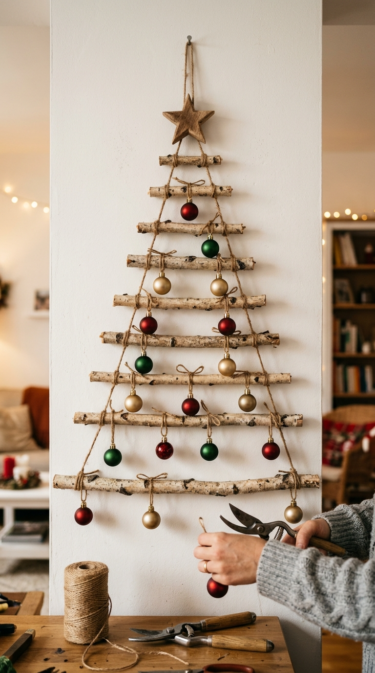 Rustic Twig and Ornament Wall Tree
