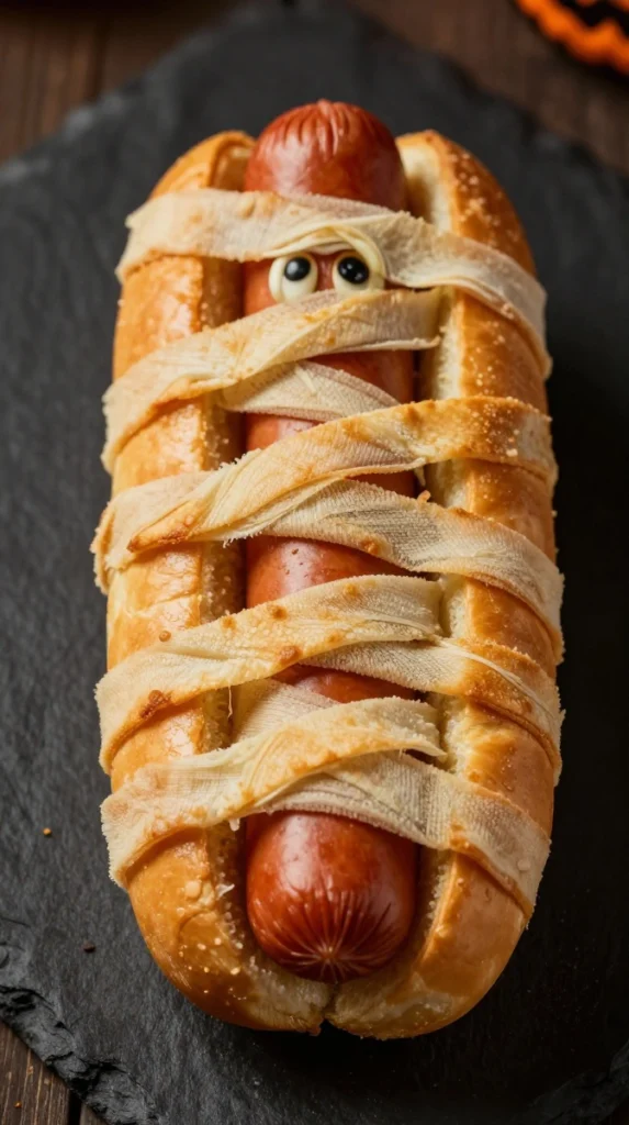 Spooky Crescent Roll Hot Dog Mummies