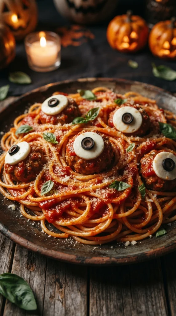 Spooky Spaghetti and Meatball “Eyeballs”