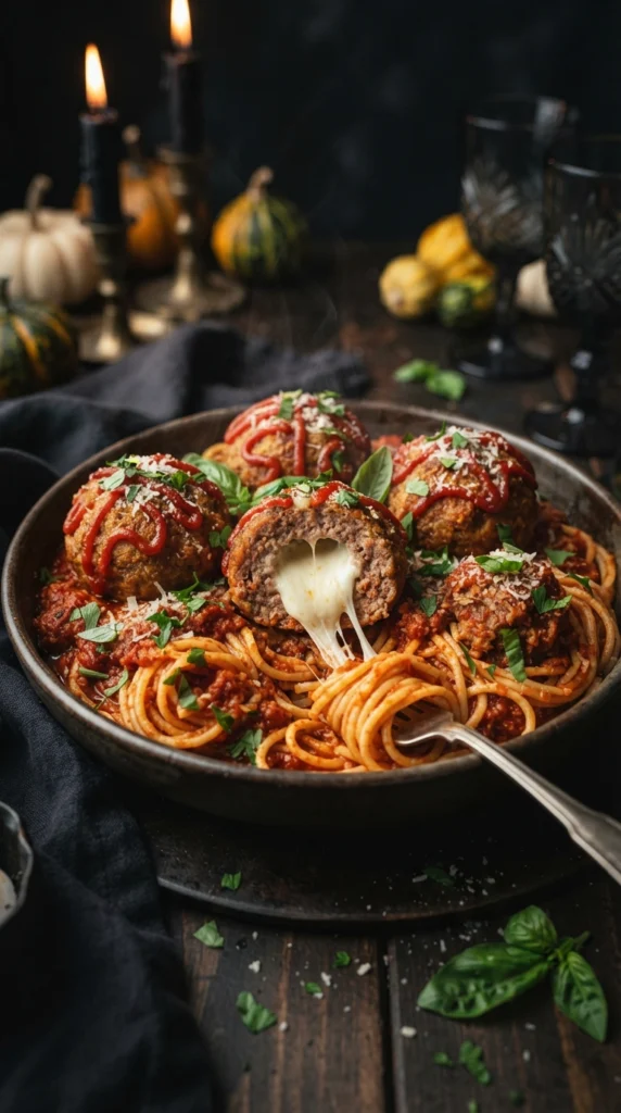 Stuffed Meatball “Brains” With Spaghetti
