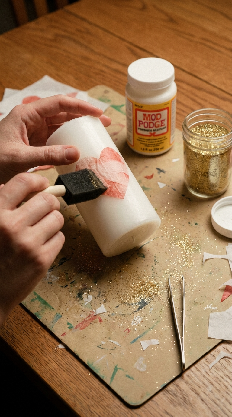 Tissue Paper and Glitter Decoupage