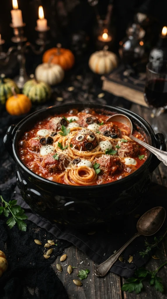Witch’s Cauldron Spaghetti and Meatballs